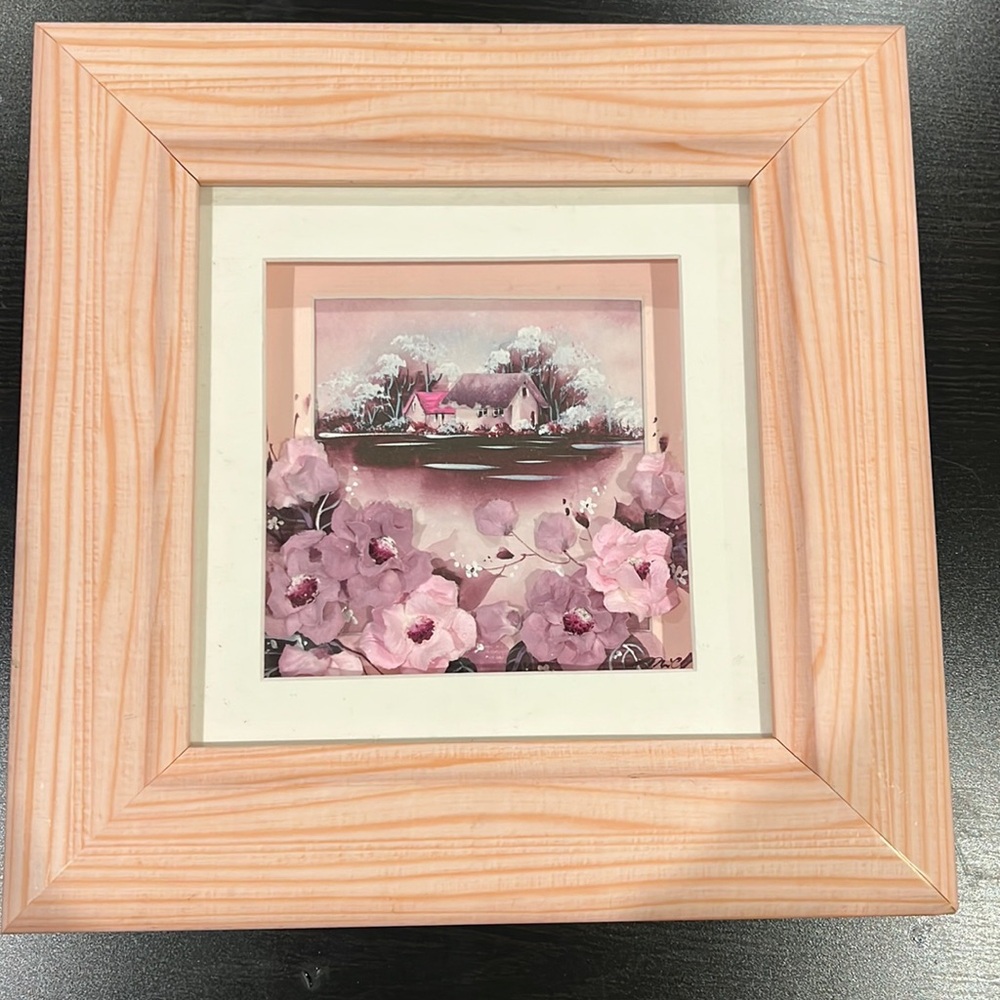 Pink Wood Photo Frame with Scenic House Photo and Flowers | Home Decor